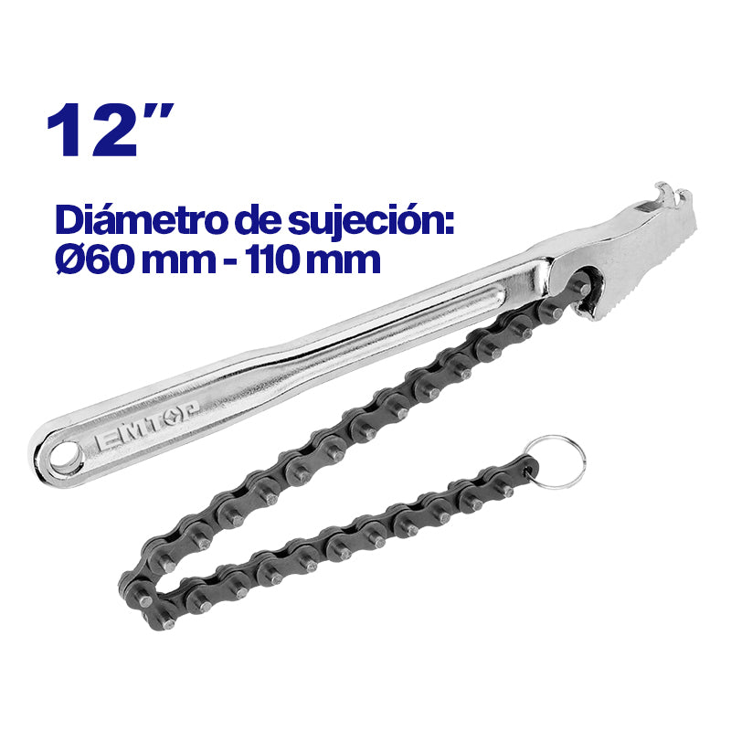 LLAVE DE CADENA 12 PLG. SUJECION 2 1/4- 4 3/8 PLG. CADENA 16 1/2 PLG. MANGO FORJADO, TRATAMIENTO TERMICO, CROMADO. EMTOP, EMAW1312