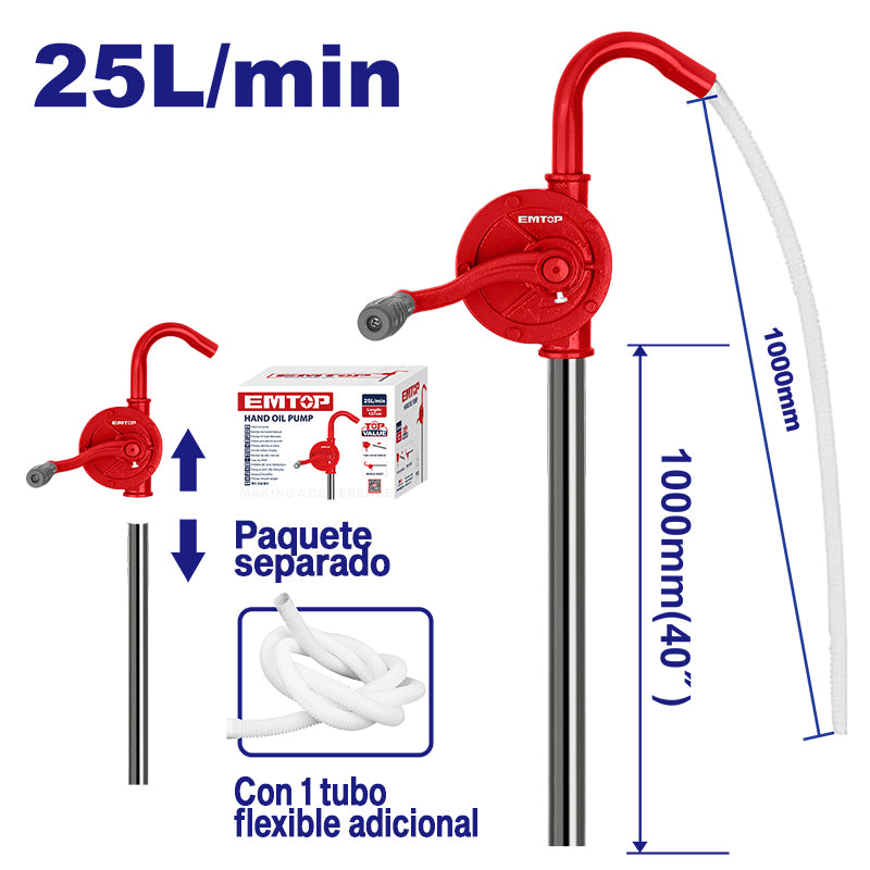 BOMBA MANUAL PARA ACEITE 25L/MIN LARGO 127CM DIAMETRO 125MM CUERPO DE ACERO. EMTOP, EMHY2525