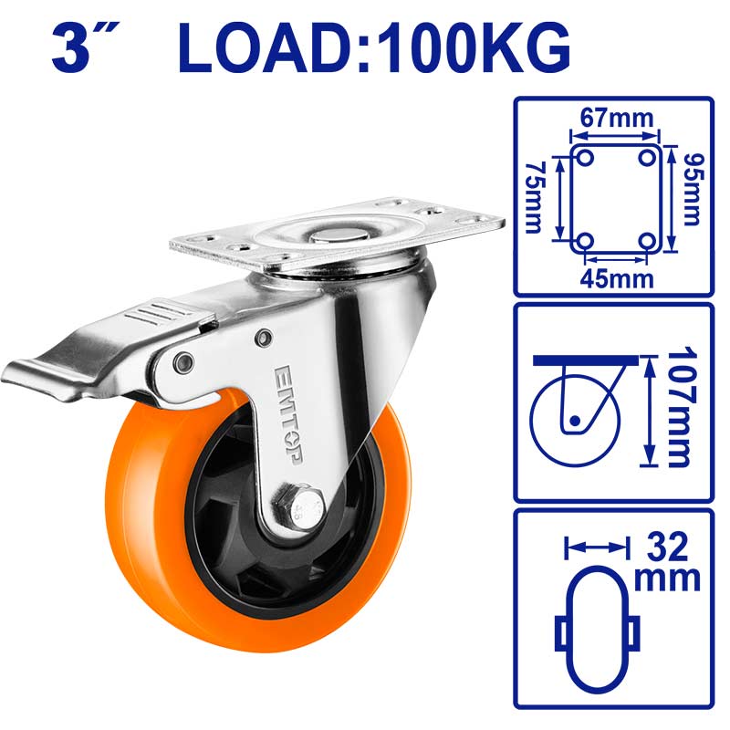 RUEDA GIRATORIA 3 PULG. CON FRENO 100KG, MATERIAL PVC, RODAMIENTO DOBLE, SOPORTE GALVANIZADO, ALTURA 10.7 CMS. EMTOP, EMJL2333