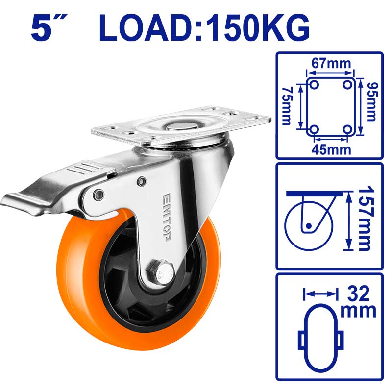 RUEDA GIRATORIA DE 5 PLG. CON FRENO Y CAPACIDAD DE 150KG. RUEDA DE PP, PVC Y PLACA GALVANIZADA. EMTOP, EMJL2353
