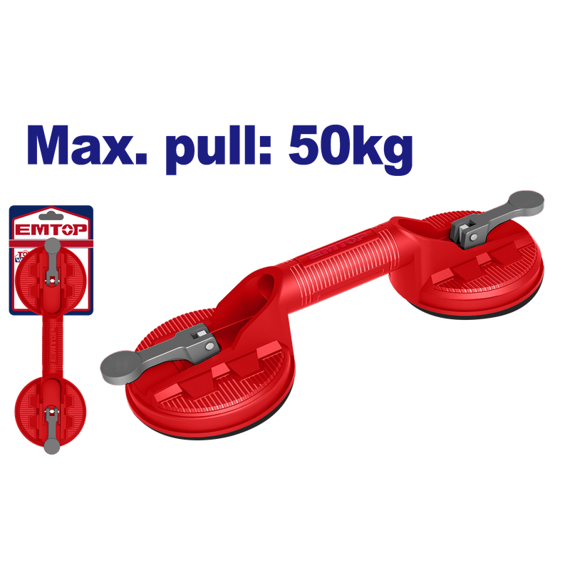 VENTOSA PARA VIDRIO 2 COPAS DE SUCCION DE 115MM SOPORTA 50KG. MARCA EMTOP, EMKR1G50