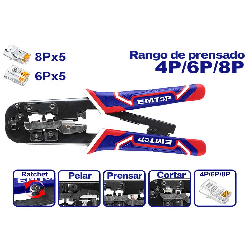 PINZA PONCHADORA 3 EN 1, PELA, CORTA Y PRENSA, PARA TERMINALES DE LINEA DE RED Y TELEFONICA. EMTOP, EMPCR46801