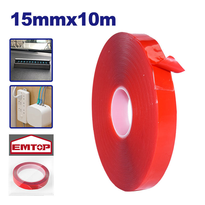 CINTA DOBLE CARA ACRILICA 15MM X 10M X 1MM, ALTA ADHERENCIA. EMTOP, EMPN9E1015