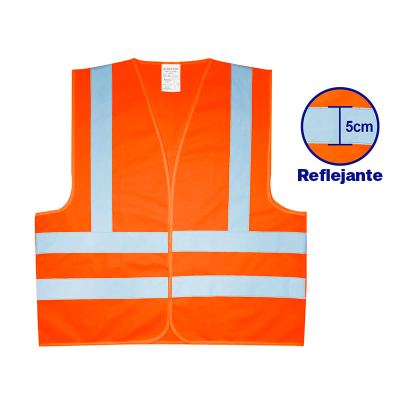 CHALECO REFLECTIVO ANARANJADO FLUORESCENTE, TIRAS REFLECTANTE DE 5 CENTIMETROS DE ANCHO, TALLA XL. EMTOP, EMRV1801