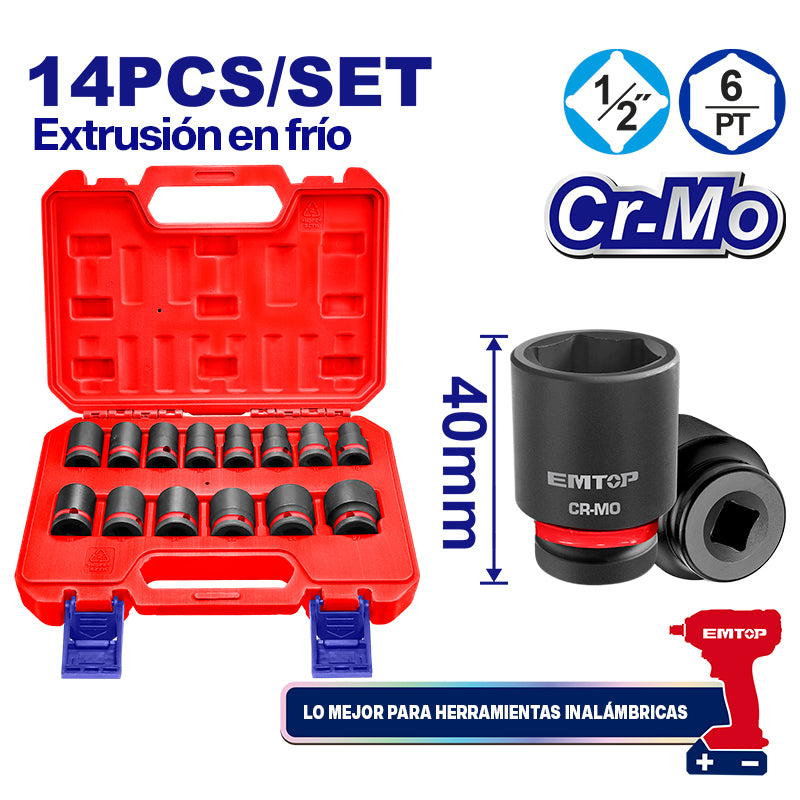 Juego de copas de impacto raiz 1/2 plg 14 unidades Emtop EMSSD12141