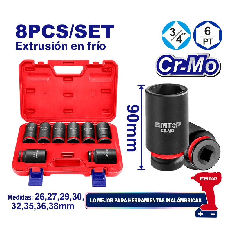Juego de copas de impacto raiz 3/4 plg 8 unidades milimétricas Emtop EMSSD34082L