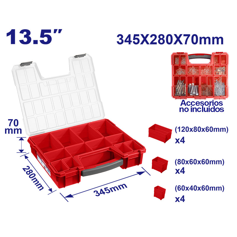 CAJA ORGANIZADORA DE PLASTICO, 13.5 PLG. 12 COMPARTIMENTOS REMOVIBLES, MEDIDA 345 X 280 X 70 MM. EMTOP, EMTB1311