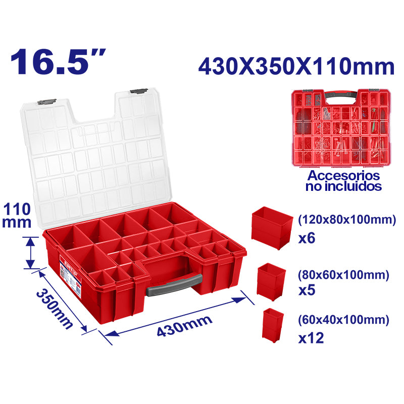 CAJA ORGANIZADORA DE PLASTICO, 16.5 PLG. 23 COMPARTIMENTOS REMOVIBLES, MEDIDA 430 X 350 X 110 MM. EMTOP, EMTB1622