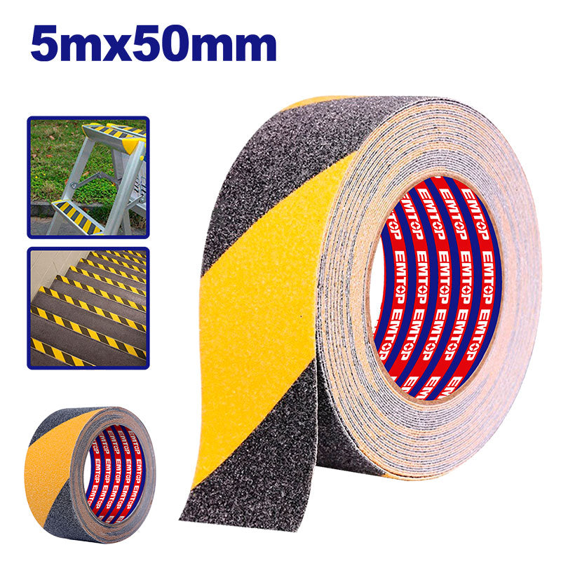 CINTA ANTIDESLIZANTE DE SEGURIDAD 50 MM X 5 MTS. AMARILLO/NEGRO, PARA PISOS, GRADAS Y RAMPAS. EMTOP, EMVA3560