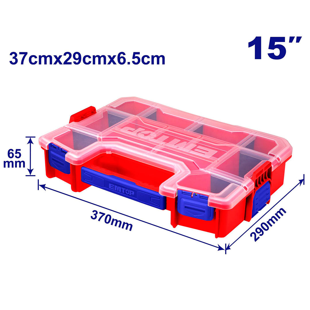 CAJA ORGANIZADORA CON DIVISIONES DE 15 PULGADAS, SE PUEDE APILAR UNA CON OTRA. MARCA EMTOP, EPBX1511