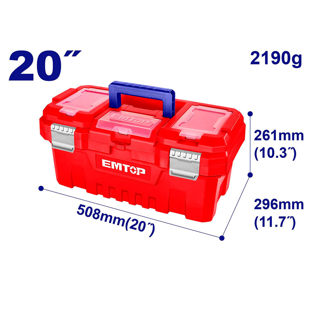 CAJA PLASTICA PARA HERRAMIENTAS CON BROCHES METALICOS, LARGO 20, ANCHO 11.7, ALTO DE 10.3 PULGADAS. MARCA EMTOP, EPBX2002