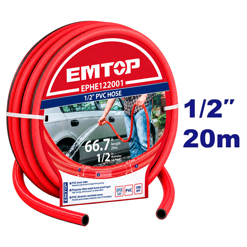 MANGUERA PVC 1/2 PLG. LARGO 20M ,PARA AGUA, LIGERA Y RESISTENTE HASTA 300 PSI. EMTOP, EPHE122001
