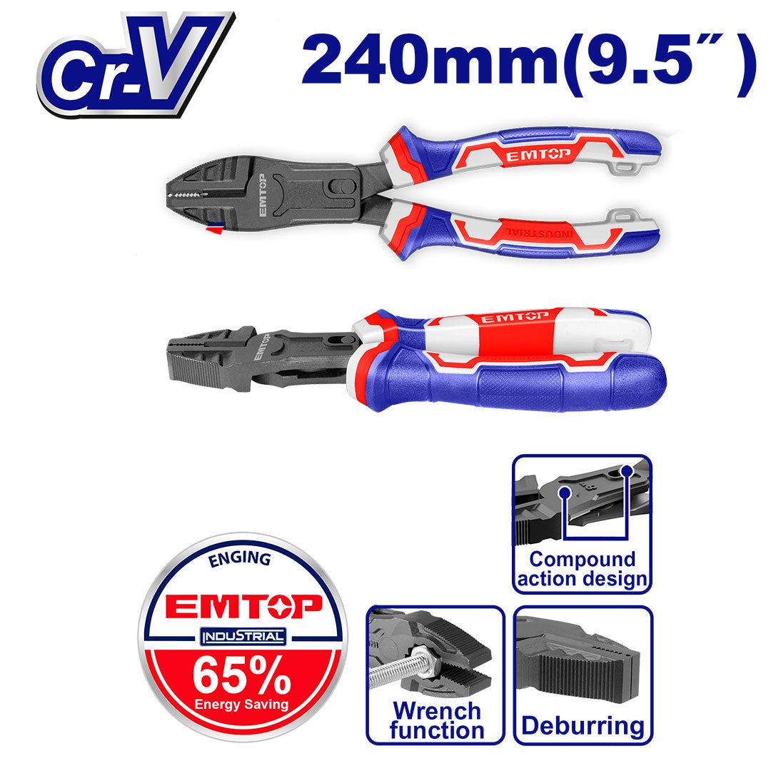 Alicate combinado de alta palanca de 10 plgs, Emtop, EPLRCC0951
