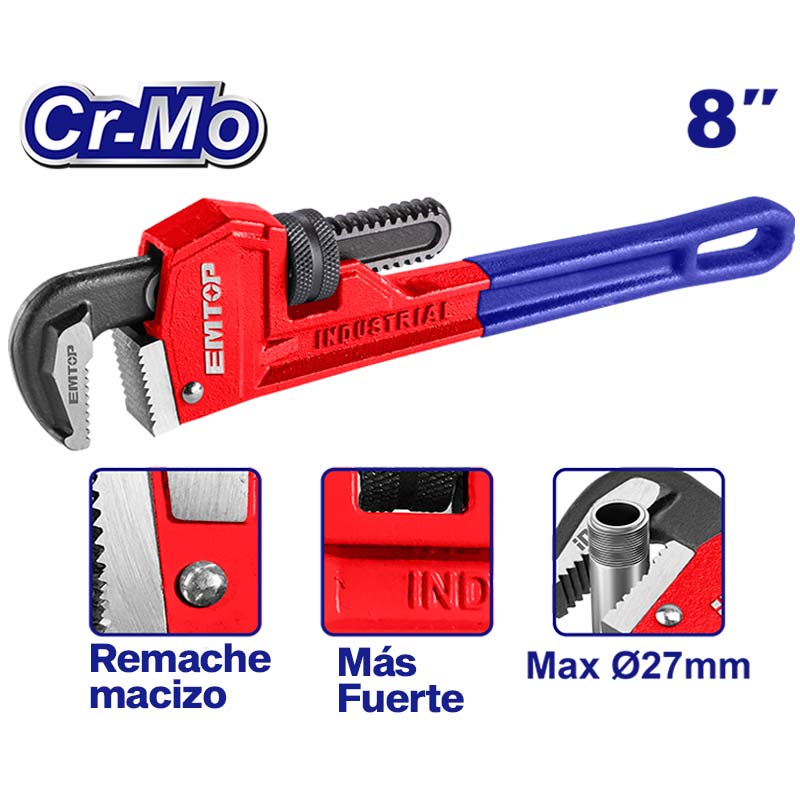 LLAVE DE TUBO STILLSON, DE 8 PULGADAS, PARA PLOMERIA. MARCA EMTOP, EPWH0801