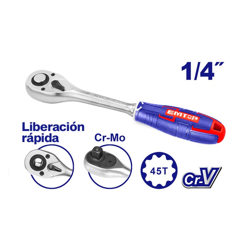 RATCH TIPO PERA ENCASTRE DE 1/4 PULGADA CON DESCONECXION RAPIDA, MATERIAL CROMO VANADIO. MARCA EMTOP, ERWH0141