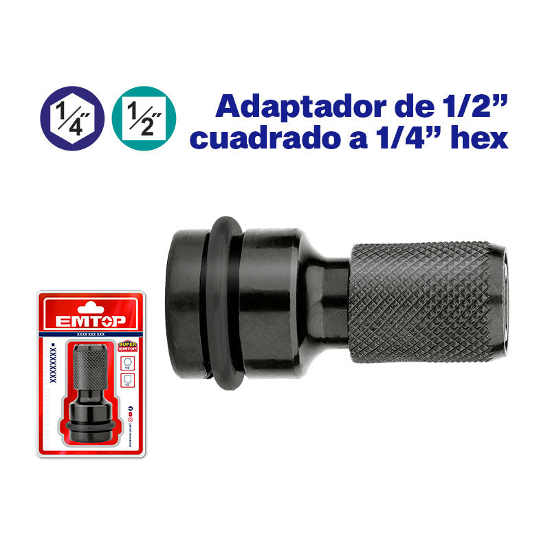 Adaptador de llave de impacto de 1/2 a hexagonal 1/4, Emtop, ESBH0501