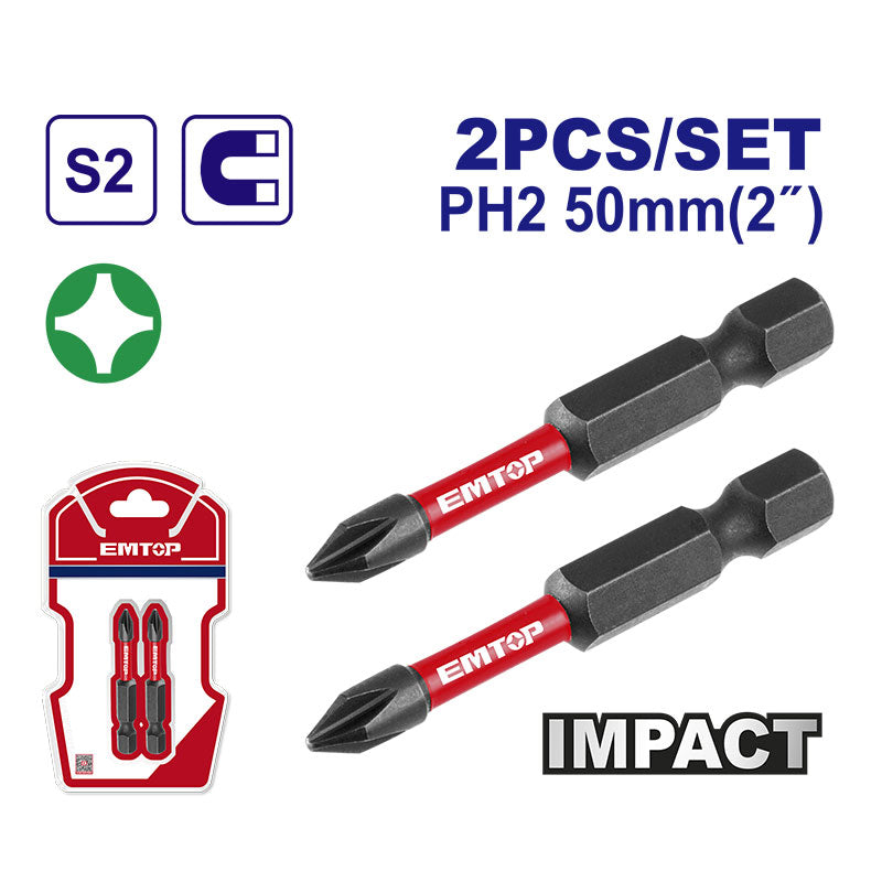 SET DE 2 PUNTAS DE IMPACTO PHILLIPS NO.2 X 2 PULGADAS DE LARGO. MARCA EMTOP, ESBTM5PH250