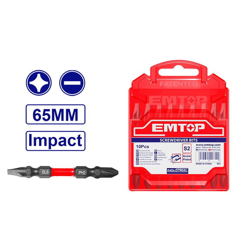 Juego de puntas de impacto dobles para atornillar de 10 piezas, Emtop, ESBTMHL133