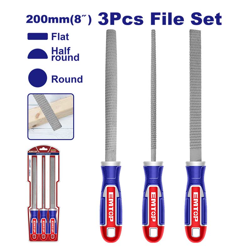 SET DE 3 LIMAS 8 PLG, INCLUYE PLANA, MEDIA CANA Y REDONDA, IDEALES PARA MADERA, PLASTICO Y METALES SUAVES. EMTOP, ESFSW0301