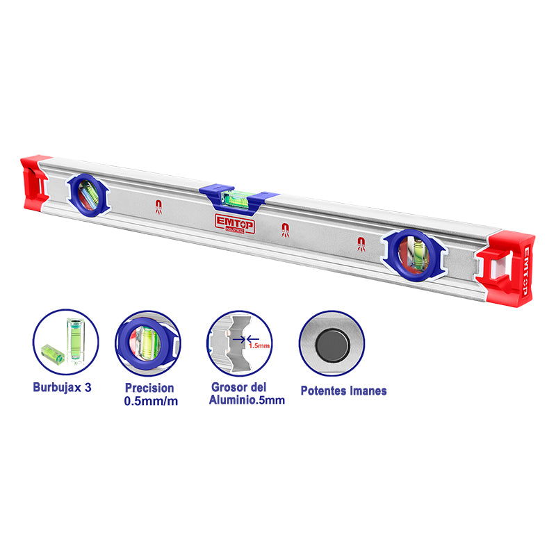NIVEL DE ALUMINIO MAGNETICO, 60 CMS, DISEÑO DE DOBLE SUPERFICIE PLANA, EMTOP, ESLL36001