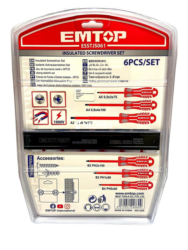 Juego de 6 desarmadores aislados, 1000 Voltios, Emtop, esstjs061, ESSTJS061