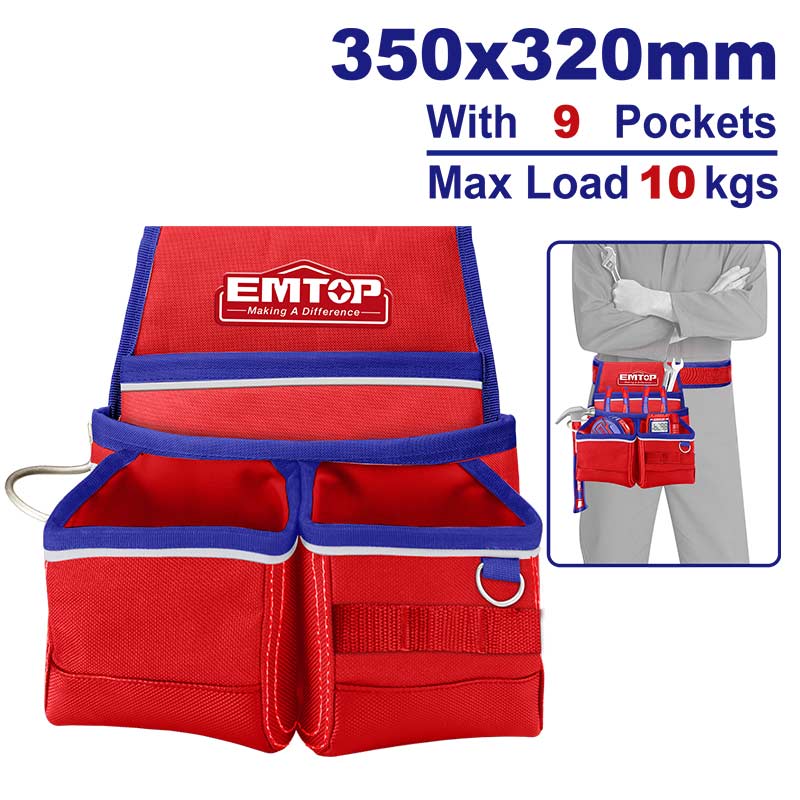 CARTUCHERA / BOLSA PORTAHERRAMIENTAS DE POLIESTER CON 9 BOLSILLOS Y SOPORTE PARA MARTILLO. EMTOP, ETBG481034