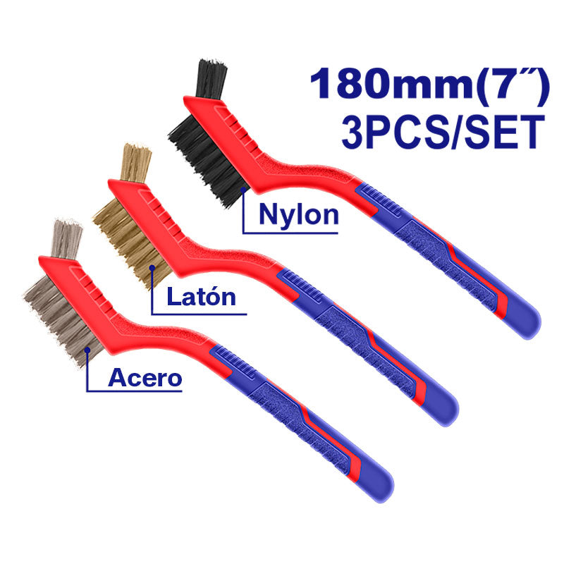 JUEGO DE 3 CEPILLOS PARA LIMPIEZA CERDAS DE NILON LATON Y ALAMBRE. EMTOP, EWB07033