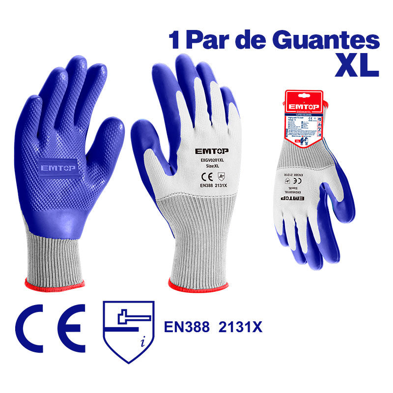 GUANTES DE LATEX CON REVESTIMIENTO DE POLIESTER TALLA XL USO EN CARGA PESADA OBJETOS PUNZANTES. MARCA EMTOP, EXGV0201XL