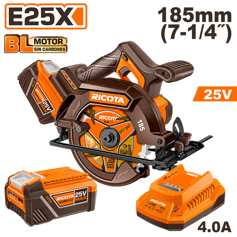 SIERRA CIRCULAR INALAMBRICA BRUSHLESS 25V, 7-1/4, 5000RPM, CAP.MAX. 2-1/2PLG, CON 2 BATERIAS Y CARGADOR. RICOTA, RLCS251851-2BC