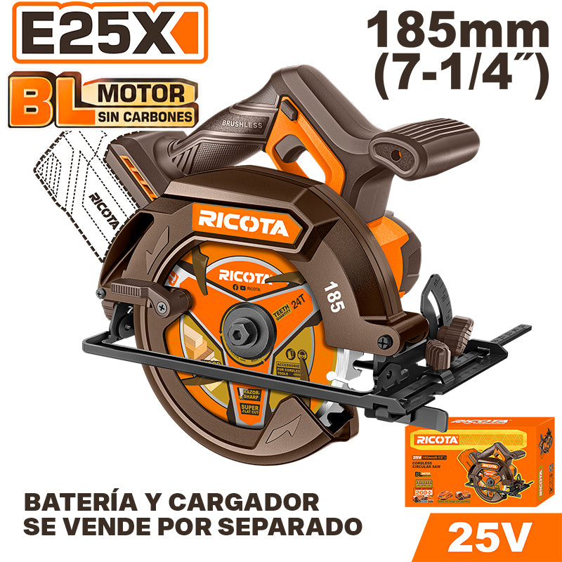 SIERRA CIRCULAR INALAMBRICA BRUSHLESS 25V, 7-1/4, 5000RPM, CAP.MAX. 2-1/2PLG, SIN BATERIA NI CARGADOR, BARE TOOL, RICOTA, RLCS251851