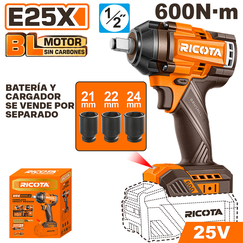 LLAVE DE IMPACTO INALAMBRICA BRUSHLESS 25V, EJE 1/2 Plgs, TORQUE 600 NM, SIN BATERIA NI CARGADOR, BARE TOOL, RICOTA, RLEWH256001