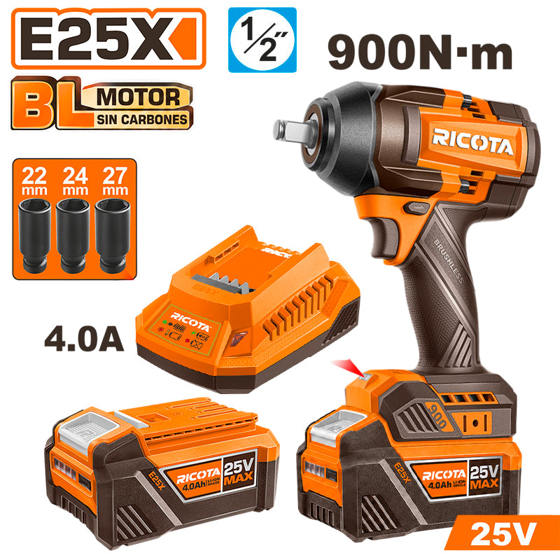 LLAVE DE IMPACTO INALAMBRICA BRUSHLESS 25V, EJE 1/2 Plgs, TORQUE 900 NM, CON 2 BATERIAS Y CARGADOR. RICOTA, RLEWH259001-2BC