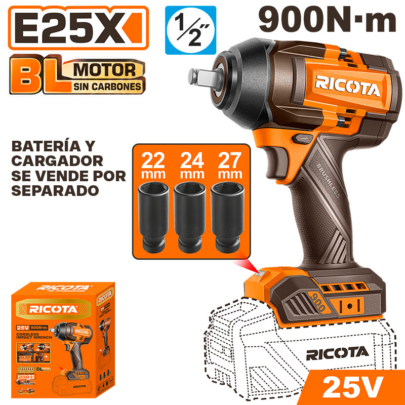 LLAVE DE IMPACTO INALAMBRICA BRUSHLESS 25V, EJE 1/2 Plgs, TORQUE 900 NM, SIN BATERIA NI CARGADOR, BARE TOOL, RICOTA, RLEWH259001