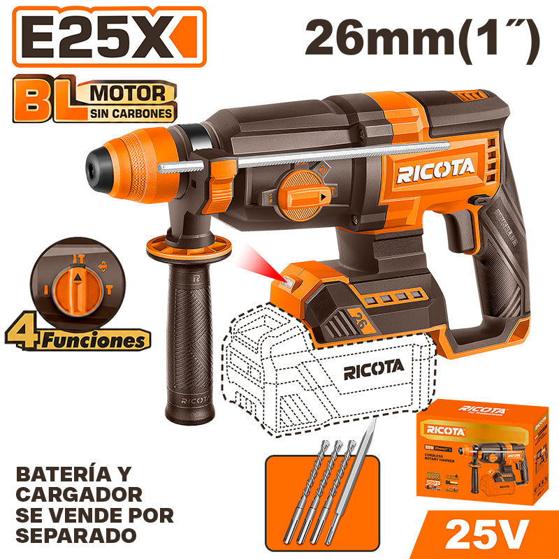 ROTOMARTILLO SDS PLUS INALAMBRICO BRUSHLESS 25V, 2.5 J, CAP. MAX. 1 PLG, SIN BATERIA NI CARGADOR, BARE TOOL, RICOTA, RLLRH25261