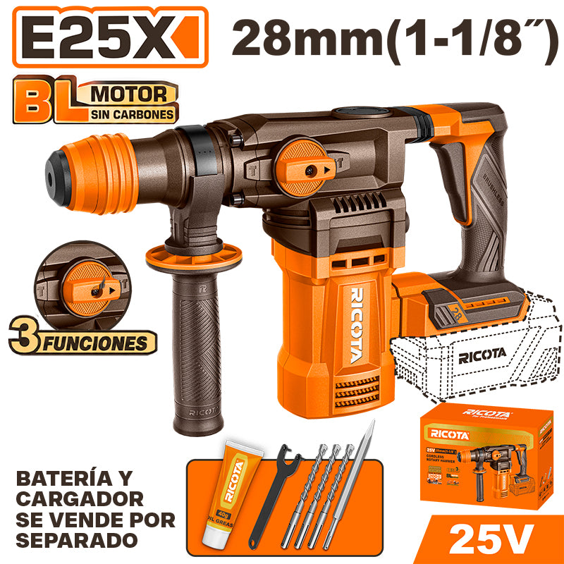 ROTOMARTILLO SDS PLUS INALAMBRICO BRUSHLESS 25V, 4.5 J, CAP. MAX. 1-1/8 PLG, SIN BATERIA NI CARGADOR, BARE TOOL, RICOTA, RLLRH25281