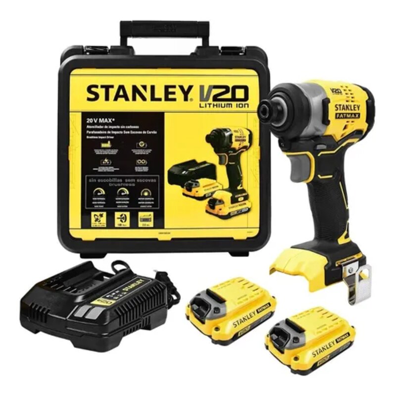 ATORNILLADOR DE IMPACTO, INALAMBRICO V20, 20 VOLTIOS CON 2 BATERIAS CARGADOR Y MELETA. MARCA STANLEY, SBI810D2K-B3