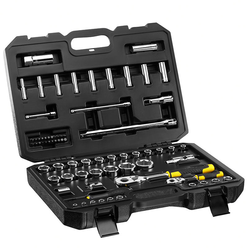 JUEGO DE 72 PIEZAS, RAIZ DE 1/4 y 1/2 PULGADA, COPAS 6 PUNTOS, MILIMETRICAS CON MALETA PLASTICA. STANLEY, STMT82831-LA