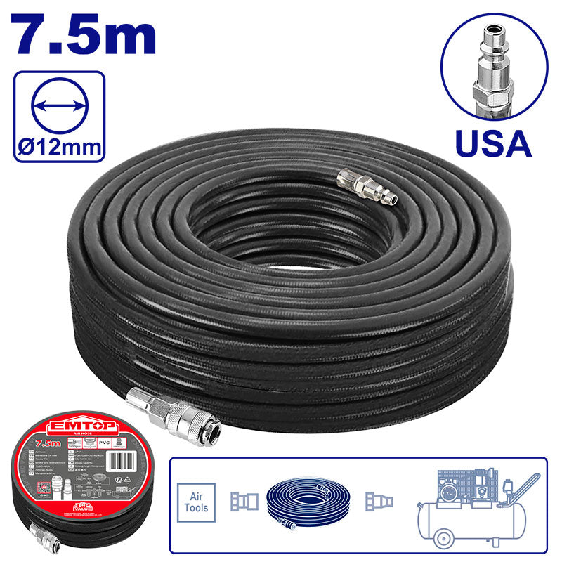 MANGUERA PARA COMPRESOR, 7.5 METROS DE LARGO, DE PVC, CON CONECTORES. EMTOP, ULAHE2E07