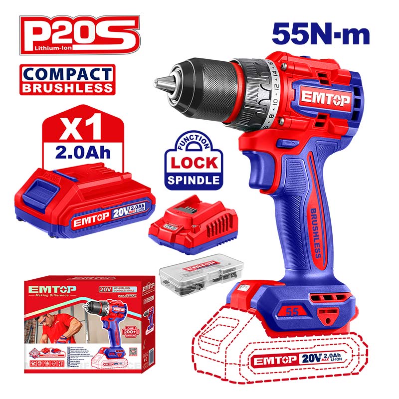 BARRENO/TALADRO ROTACIONAL INALAMBRICO 20V, BRUSHLESS, MANDRIL METALICO 1/2, 55NM INCLUYE 1 BATERIA Y CARGADOR. EMTOP, ULCDL205582