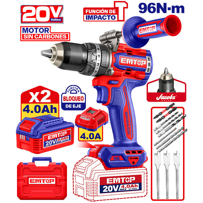 BARRENO PERCUTOR INALAMBRICO 20V, VEL. VARIABLE, BRUSHLESS, MANDRIL METALICO DE 1/2, TORQUE 96NM. EMTOP, ULCIDL209686