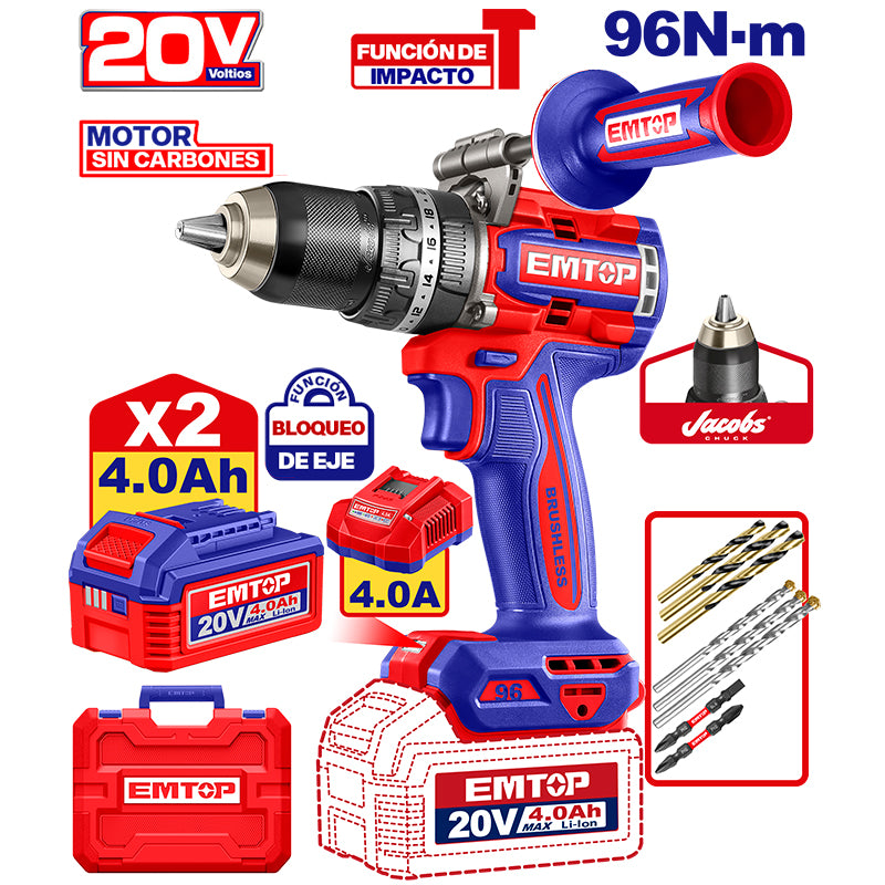 BARRENO PERCUTOR INALAMBRICO DE 1/2 PLG, 20 VOLTIOS, TORQUE 96NM, EMTOP, ULCIDL209688