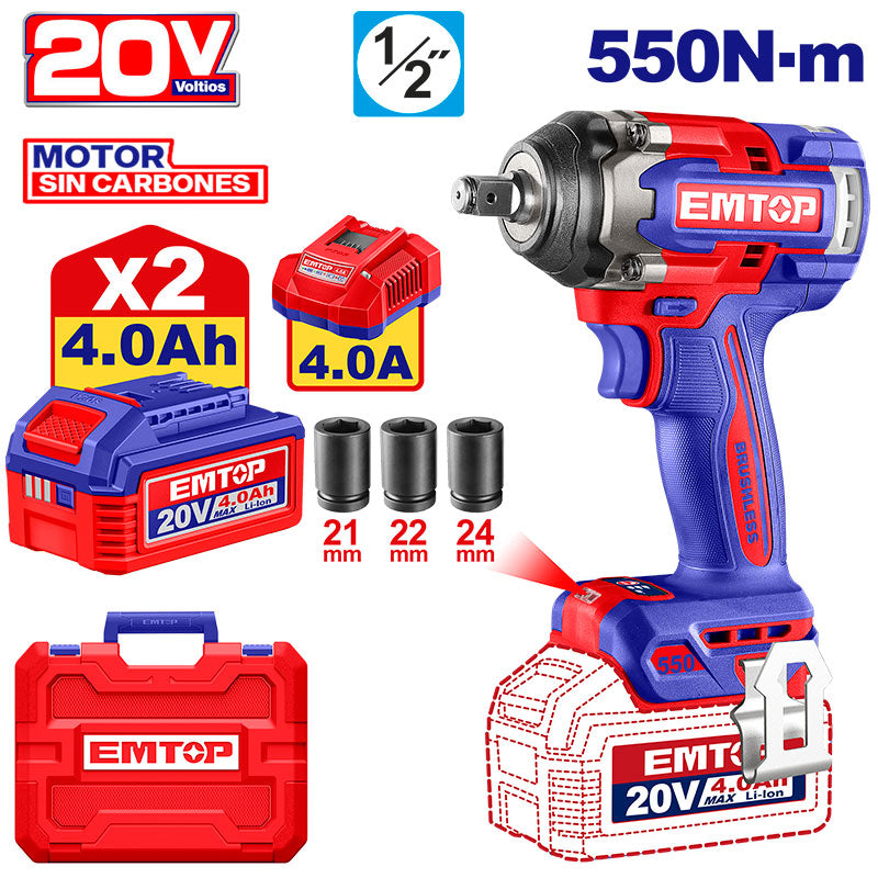 LLAVE DE IMPACTO INALAMBRICA 1/2, 20V, BRUSHLESS, TORQUE 550NM. SIN BATERIA NI CARGADOR, BARE TOOL. EMTOP, ULCIWL2055
