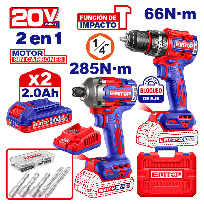 COMBO BARRENO PERCUTOR DE 1/2 Y ATORNILLADOR DE IMPACTO DE 1/4, INALAMBRICOS 20V. BRUSHLESS. EMTOP, ULCKL20277