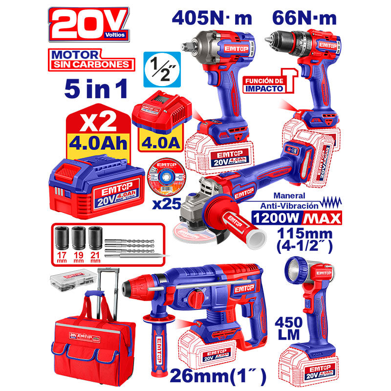 KIT INALAMBRICO 20V, ESMERILADORA 4 1/2, TALADRO 1/2, ROTOMARTILLO SDS PLUS, LLAVE DE IMPACTO 1/2 Y LAMPARA. EMTOP, ULCKL20595