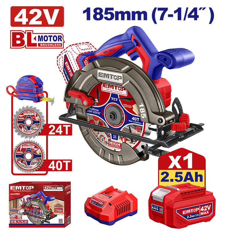 Sierra circular inalámbrica 7 1/4 de 42 voltios, Emtop, ULCS4218511