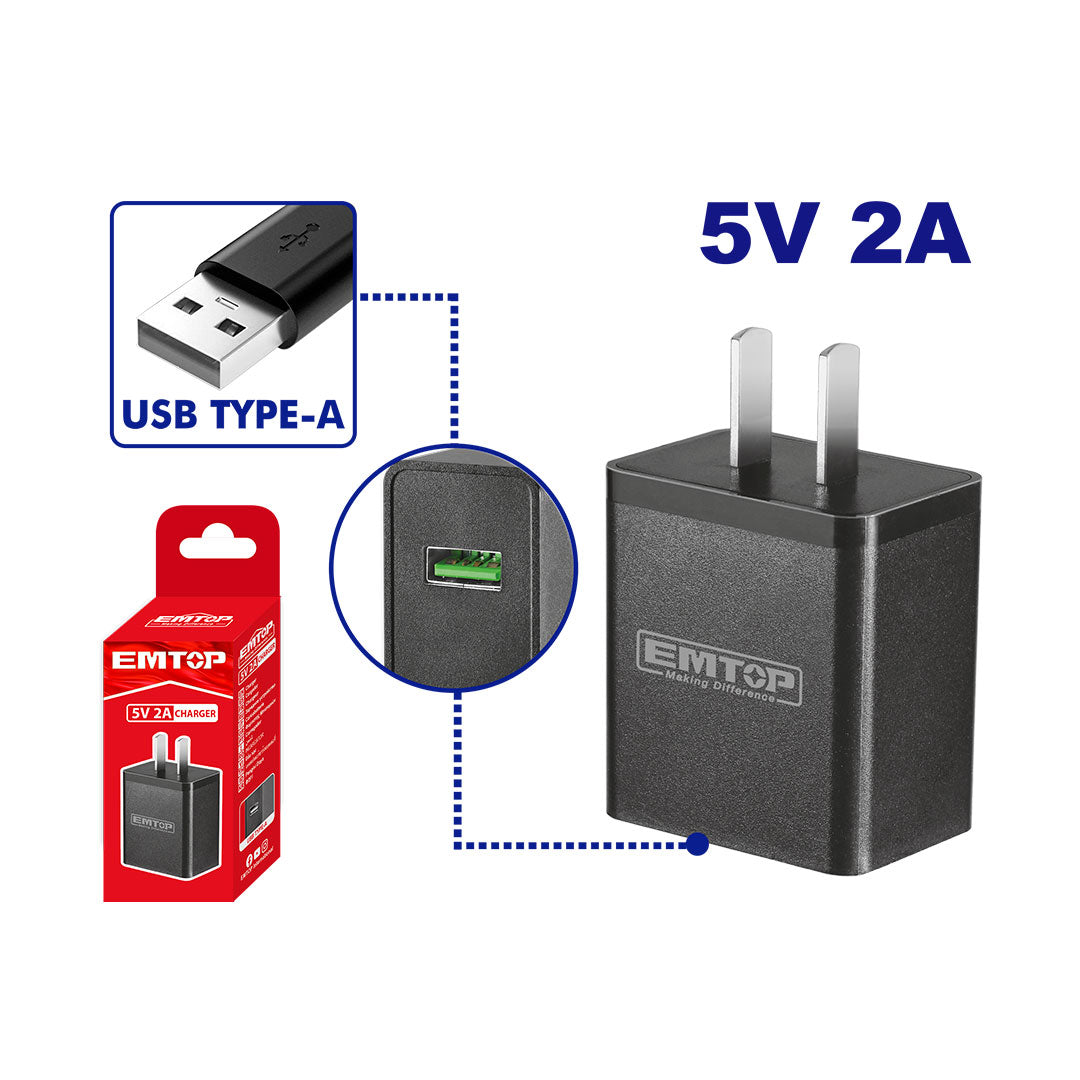 CARGADOR CON PUERTO DE CARGA USB TIPO A, VOLTAJE DE SALIDA 5V Y 2AMP.MARCA EMTOP, ULFCR120502