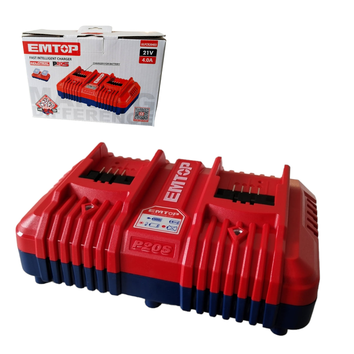 CARGADOR DE BATERIAS DOBLE, 20 VOLTIOS, 4 AMPERIOS DE SALIDA. MARCA EMTOP, ULFCR20403