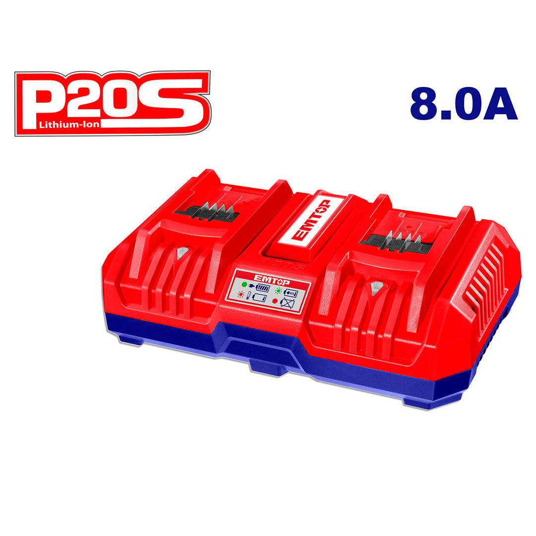 CARGADOR DE BATERIAS DOBLE, 20 VOLTIOS, 8 AMPERIOS DE SALIDA. MARCA EMTOP, ULFCR2082