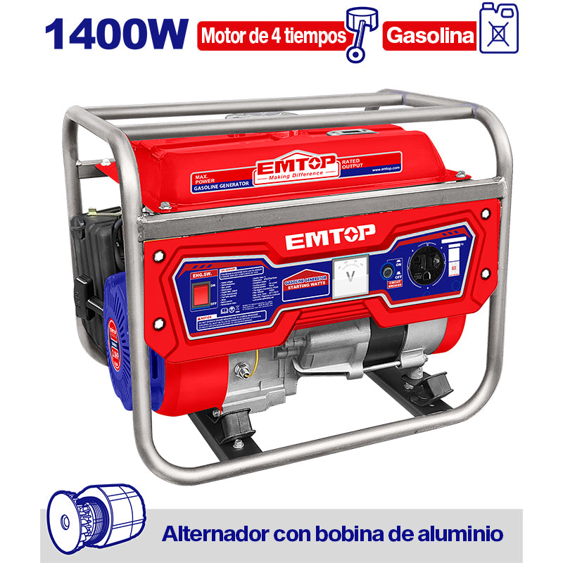 GENERADOR A GASOLINA 1400W, 110-120V, MOTOR 4 TIEMPOS, 98CC ARRANQUE MANUAL, TANQUE 5.5L. EMTOP, ULGGRR1511