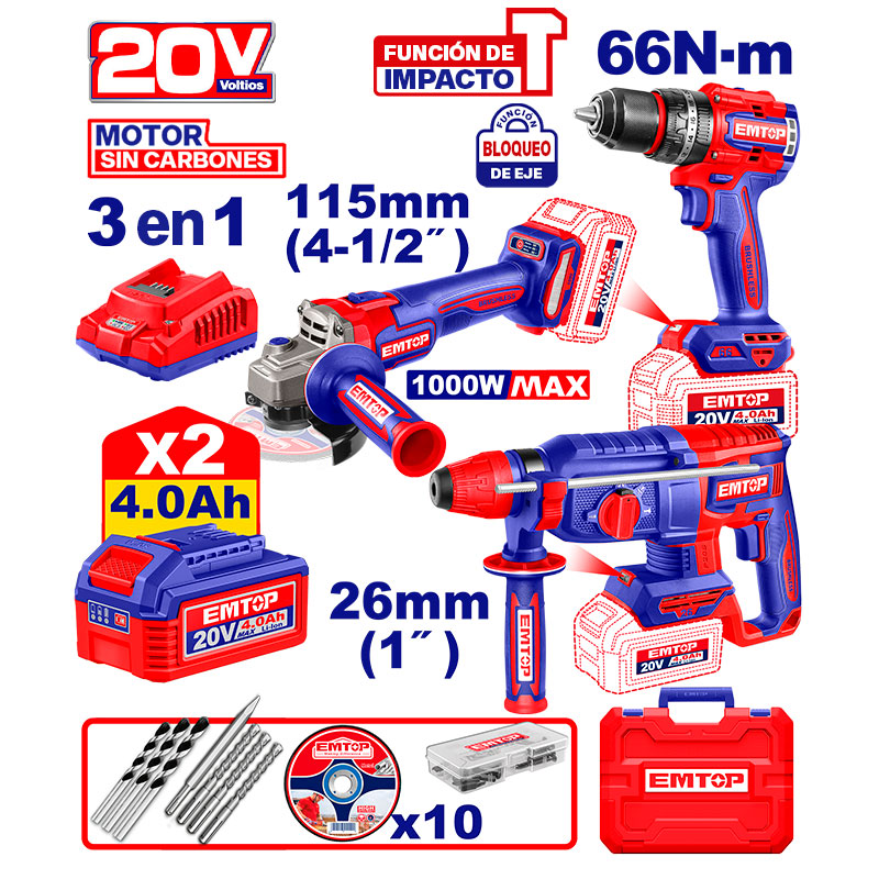 Kit de 3 herramientas inalámbricas de 20 voltios, Emtop, ULOSLI241198